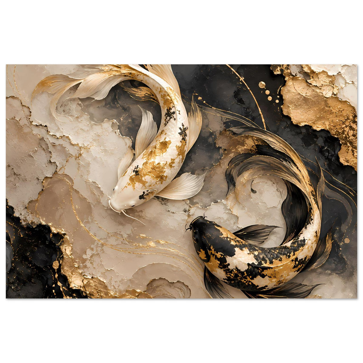 Wandposter mit goldenen Koi-Fischen, schwarzer und beiger Marmoroptik mit Spritzdekor
