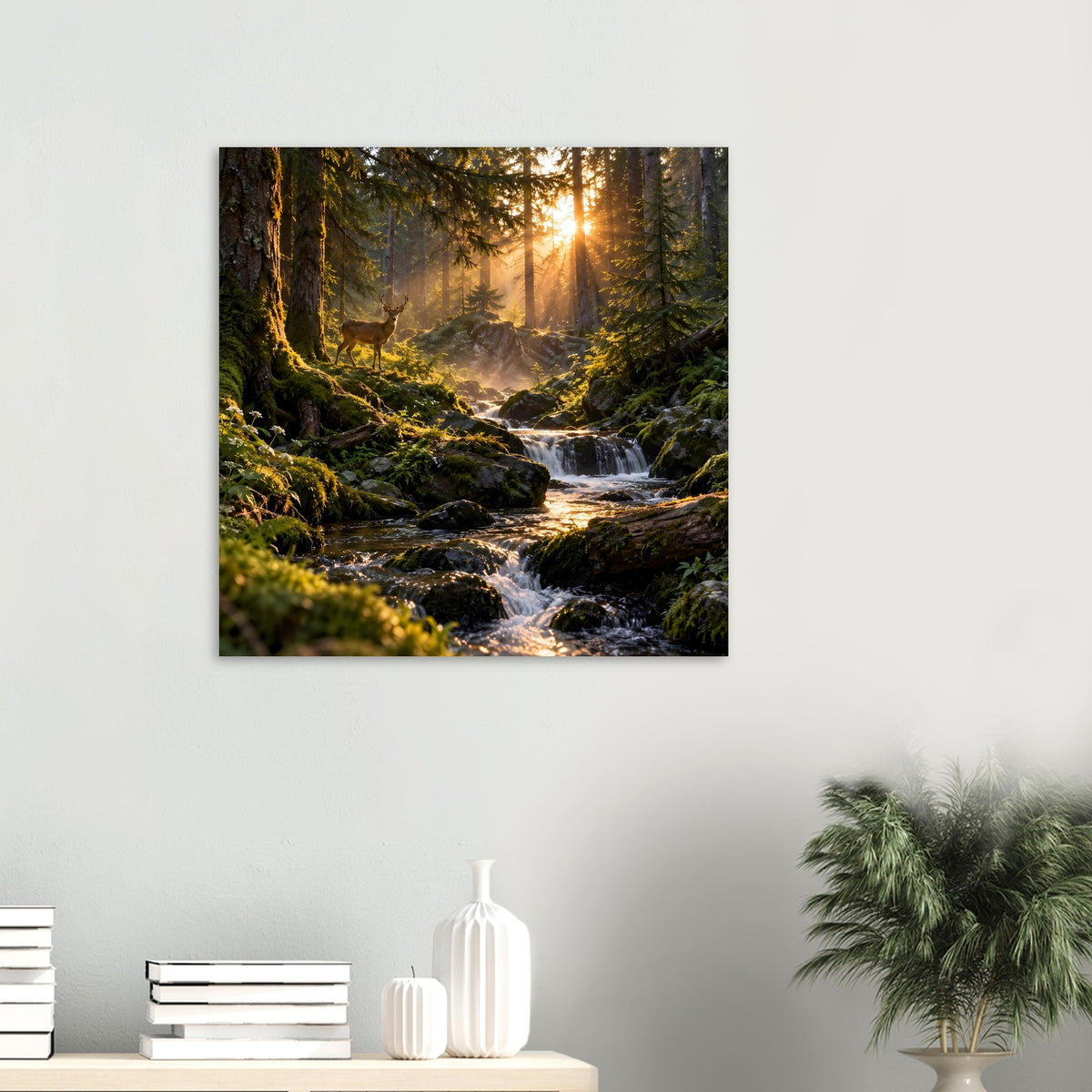 Quadratisches Wandposter mit Waldstrom und Sonnenstrahlen im Mooswald