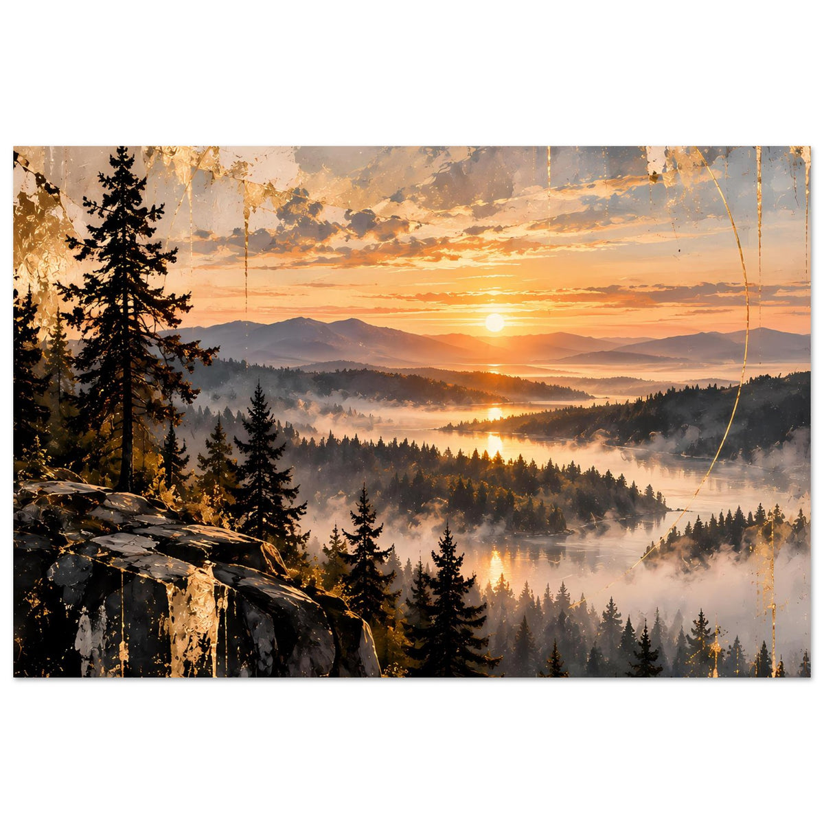 Landschaftsposter: Sonnenuntergangszene mit Tannenwald, Nebel über Hügeln und tiefem Tal