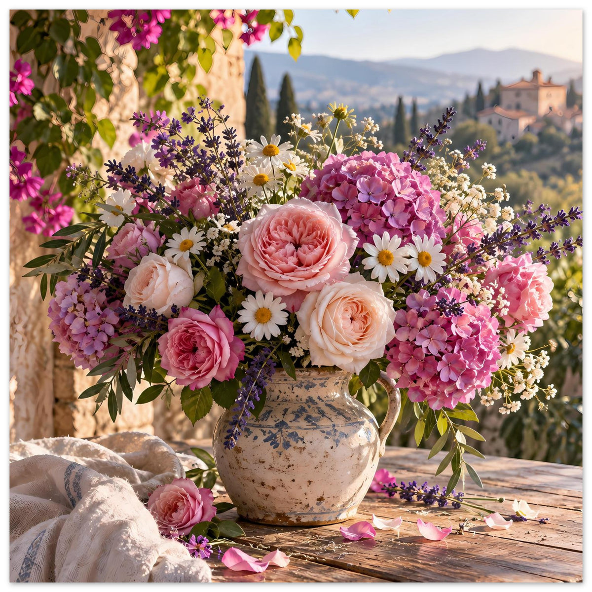 Blumenposter im Hochformat: rosa und violette Blüten in Keramikvase auf Holztisch