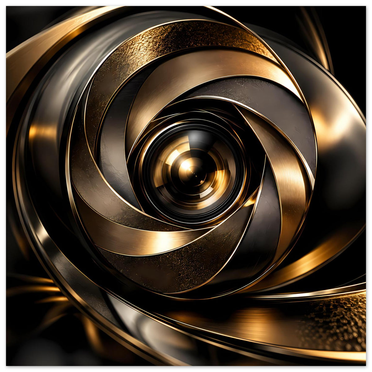 Abstraktes Poster mit großer goldener Spiralform und schimmernden Kanten auf Schwarz