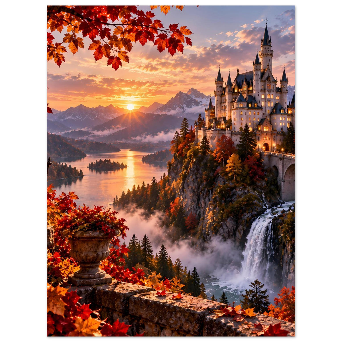 Herbst-Poster mit Schloss am Fluss, warmem Sonnenaufgang, goldenen Laubkronen und Wasserfall.