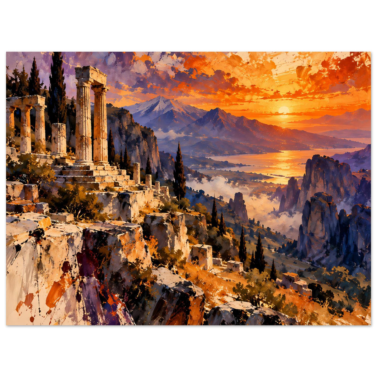 Horizontales Poster mit Ruinenfassade und orangeblauem Himmel über Berglandschaft