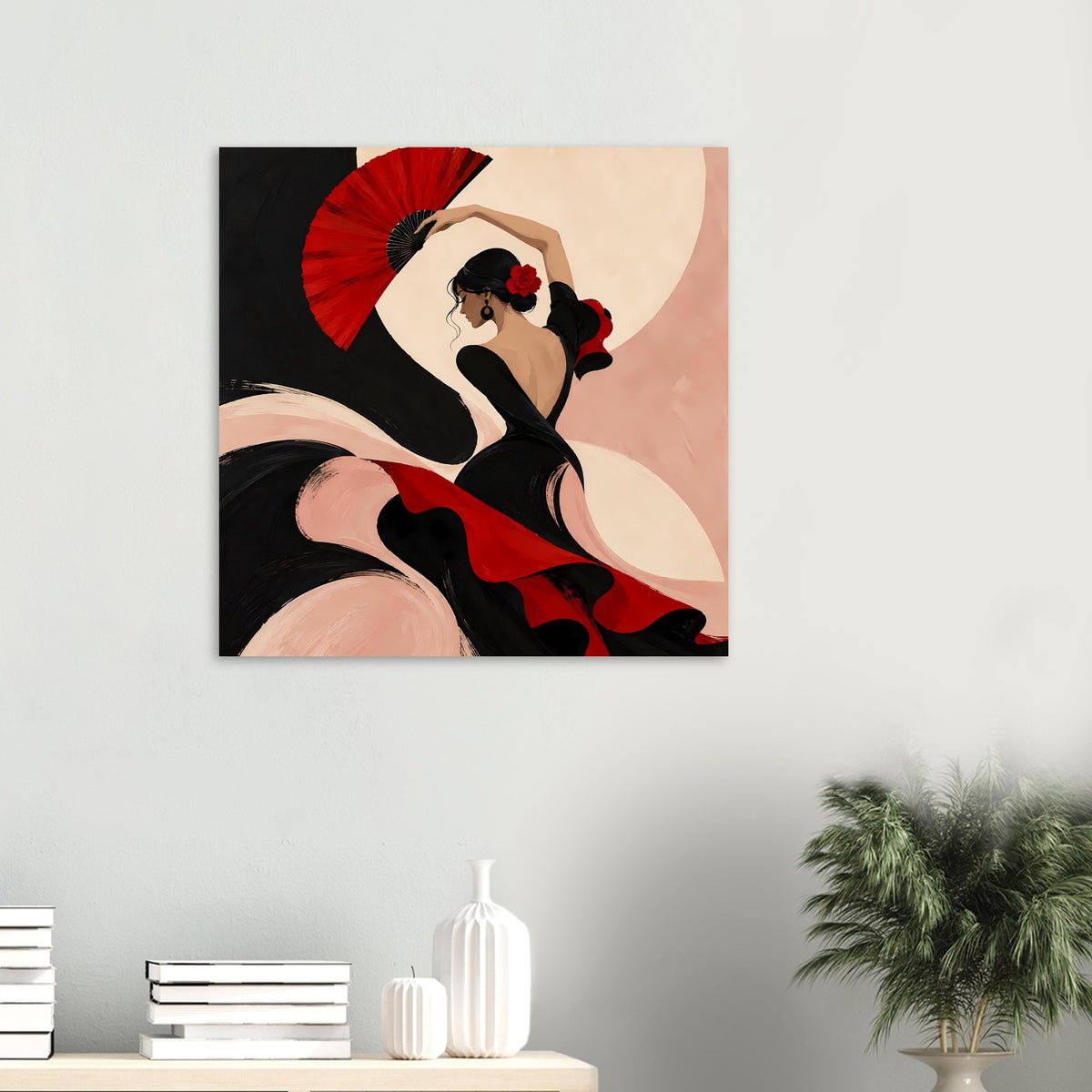 Quadratisches Poster mit Flamenco-Tänzerin, roter Fächer, schwarzes Kleid mit roten Akzenten