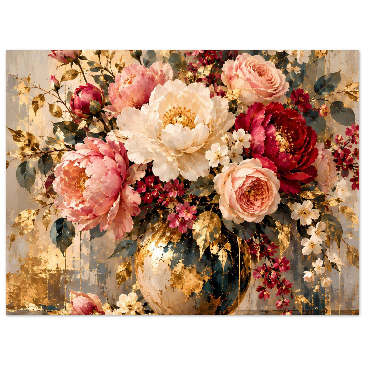 Blumenposter im Querformat: Rosen und Blüten in Vase, mit goldenen Farbakzenten