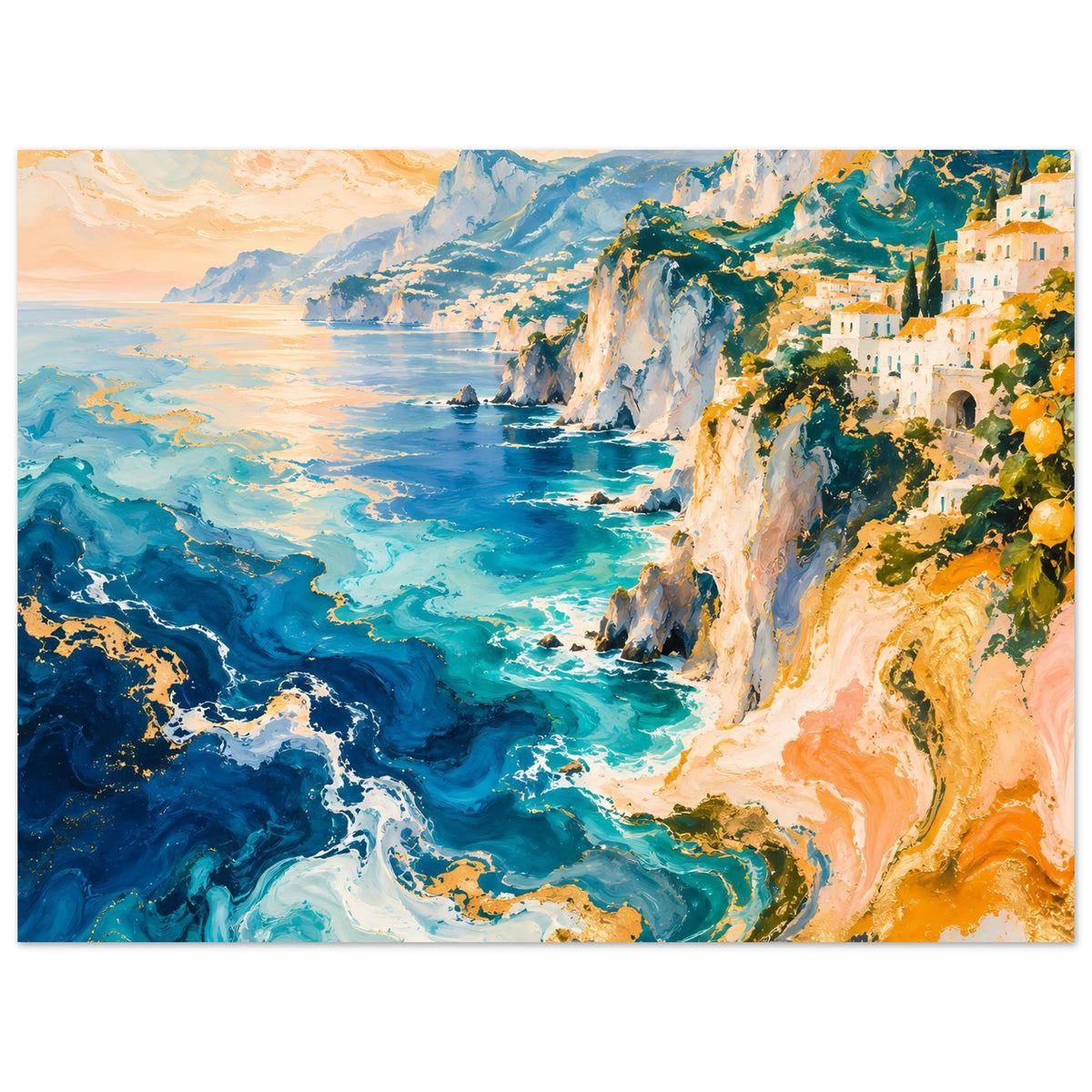 Küstenposter mit Küste: türkisblaues Meer, weiße Klippen, orangefarbener Küstenhang