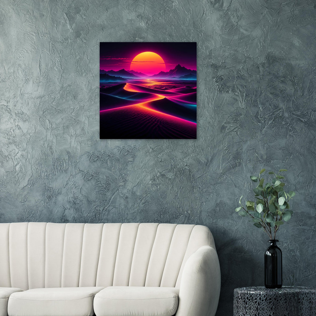 Quadratisches Poster mit Neon-Landschaft: orange Sonne, violette Berge, gelbe Farbwege