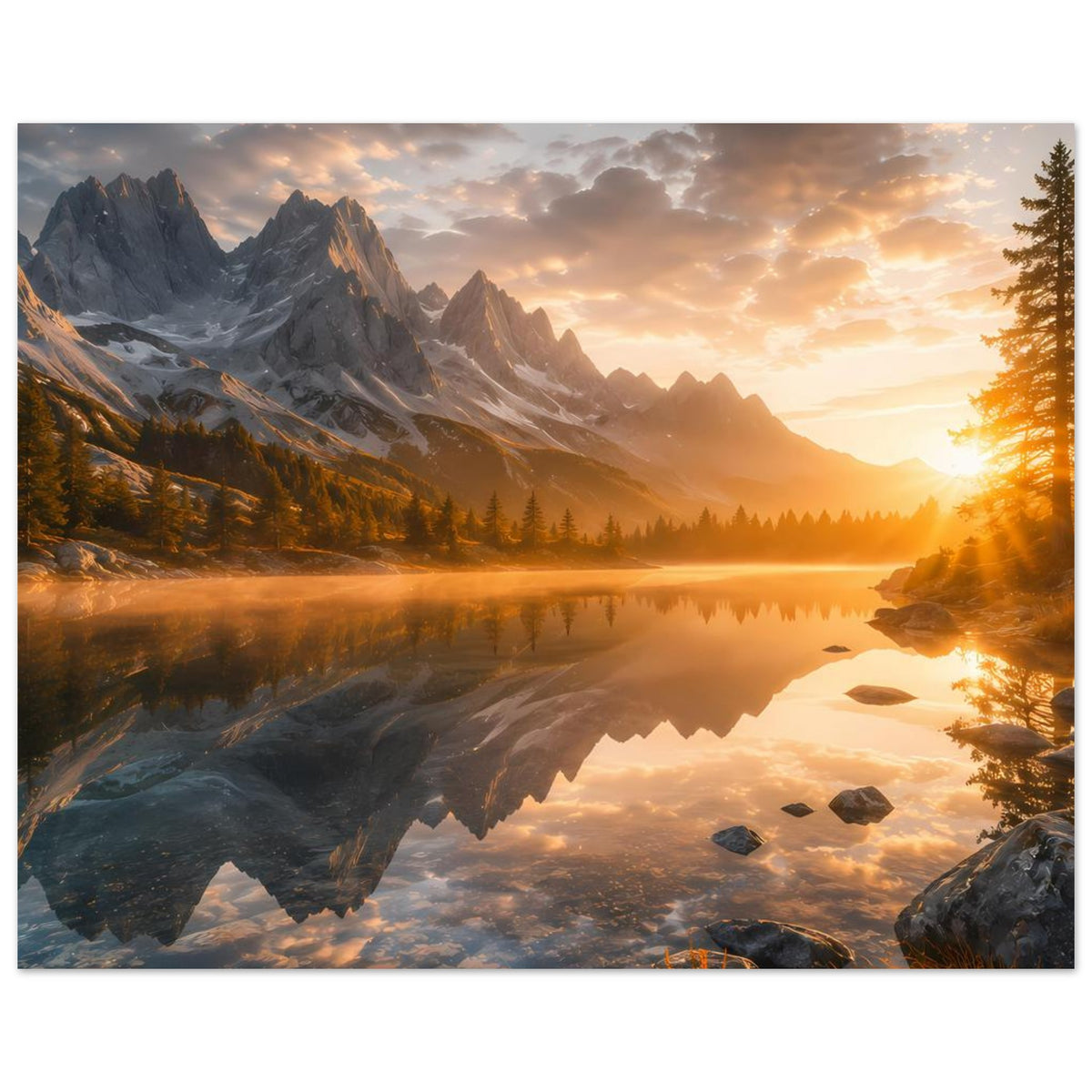 Querformat-Poster mit Berglandschaft und See, goldene Lichtstimmung und Wasserreflexion