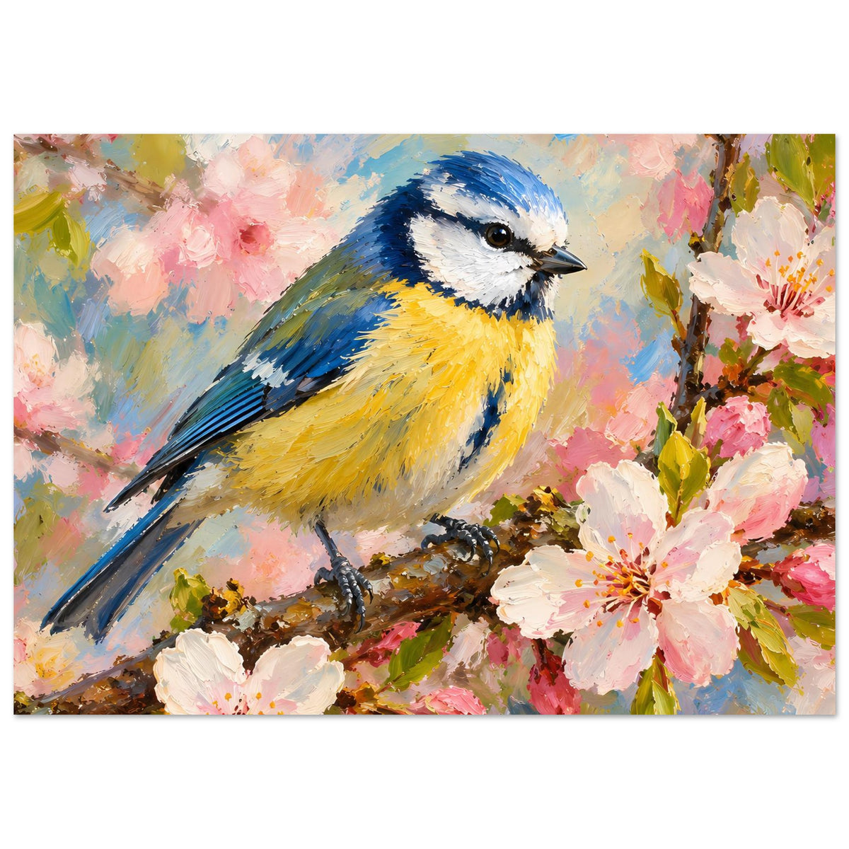Poster mit blau-gelbem Vogel auf Ast, umgeben von rosa Blüten und Blättern