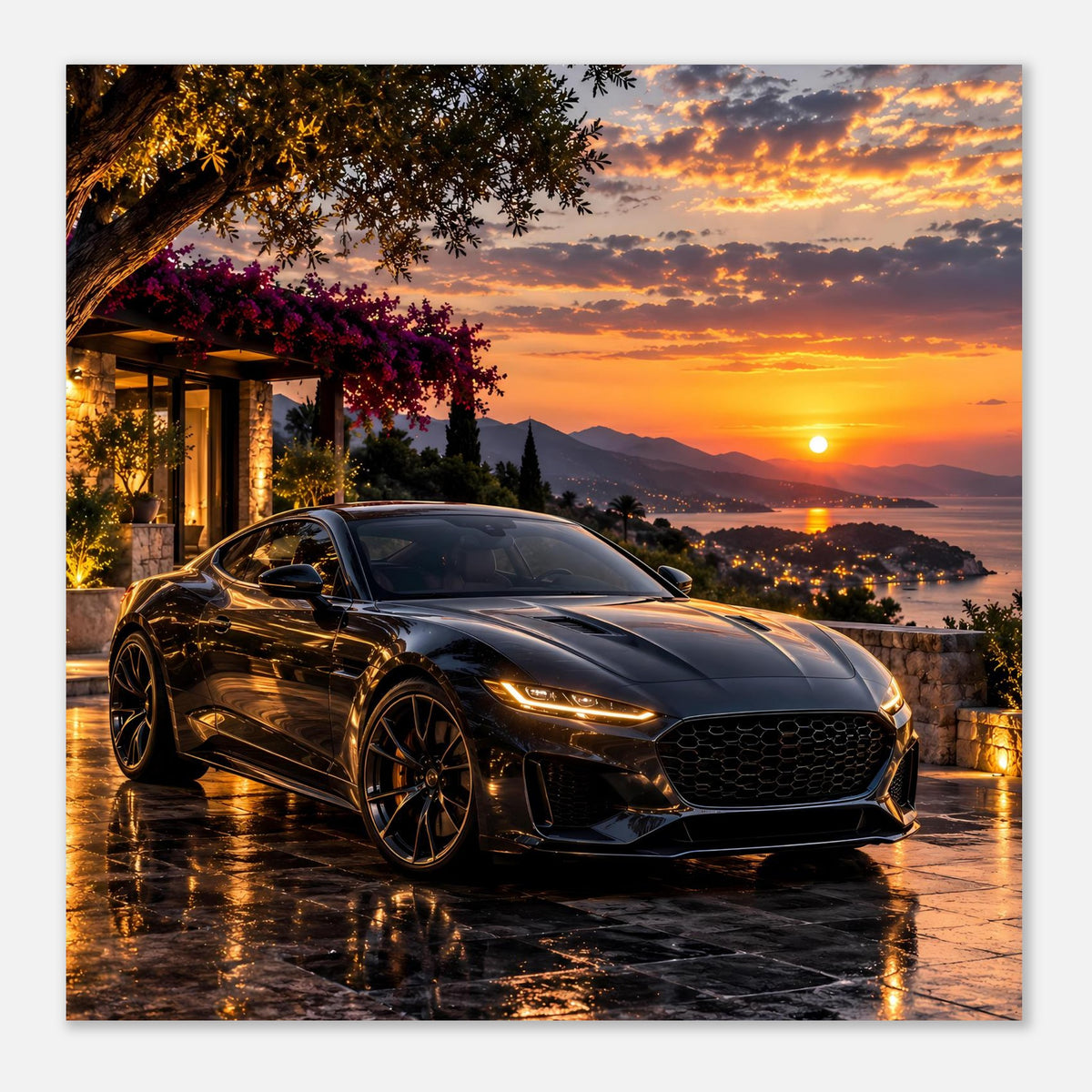 Poster mit schwarzem Sportwagen am Sonnenuntergang, schräger Blick auf Kühlergrill und Scheinwerfer