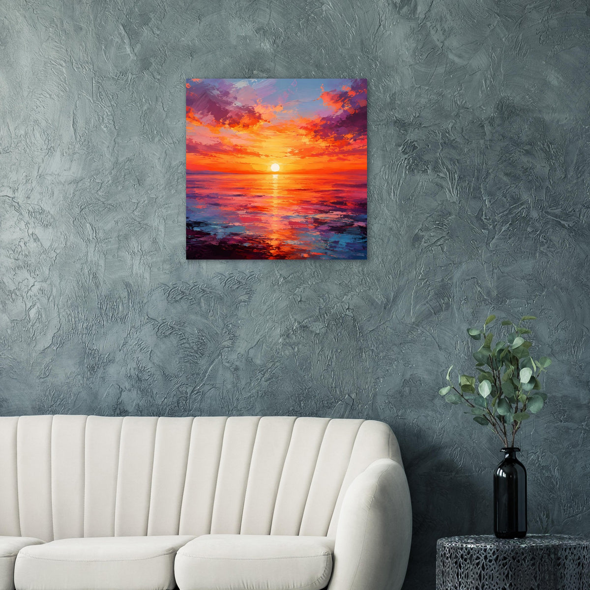 Gerahmtes quadratisches Poster: Sonnenuntergang über dem Meer, orange und violetter Himmel, Spiegelung.