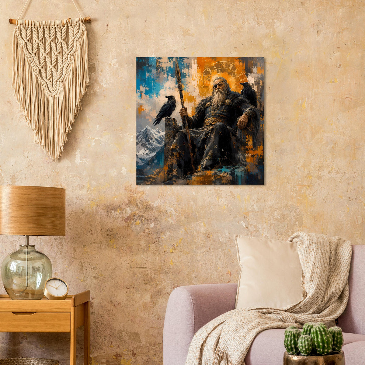 Poster mit Odin-Figur: bärtig, mit Rabe und Stab, blau-goldene Spritzer im Hintergrund