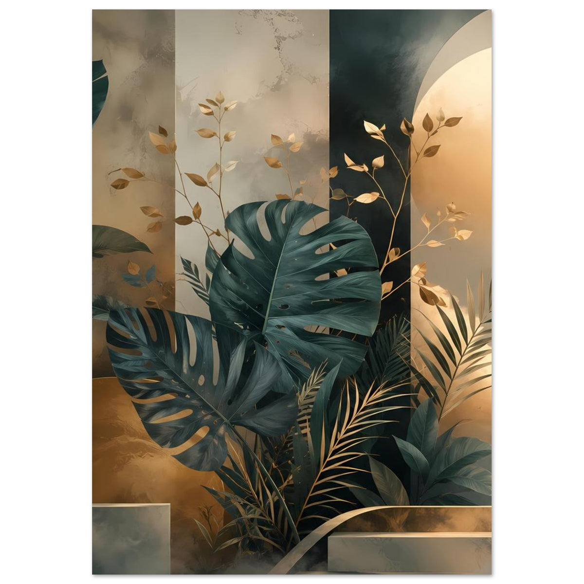 Poster mit tropischen Monstera- und Palmblättern, Petrolgrün und goldenen Blütenstreifen