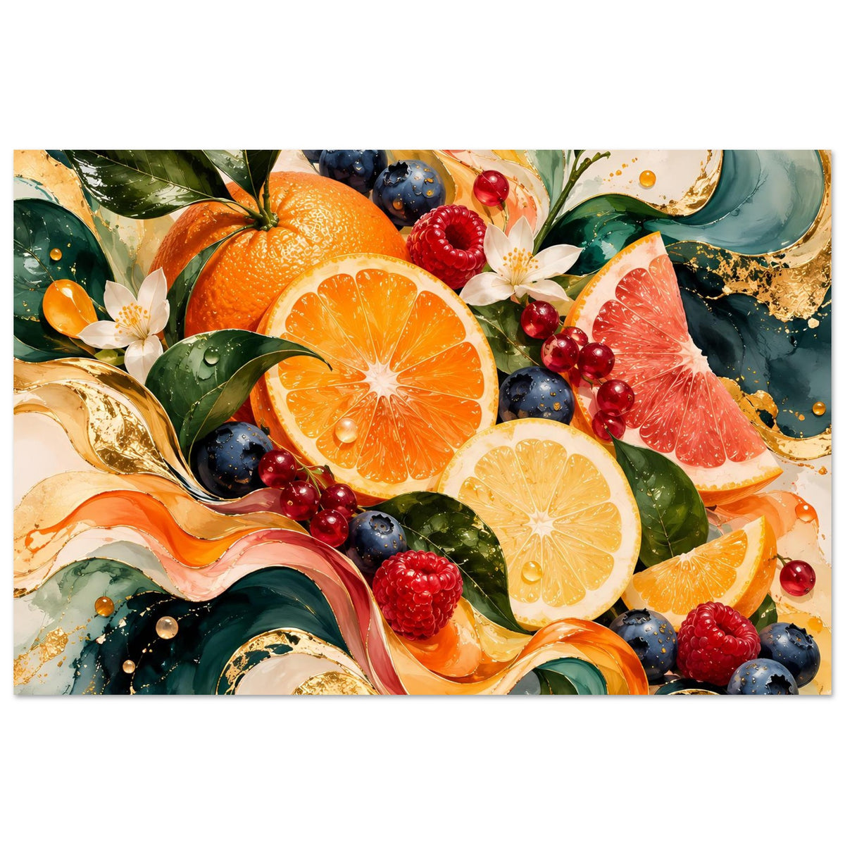 Poster mit Obstmotiv: Orangen, Zitronen, Beeren, Blätter und Farbwirbel mit Goldakzenten