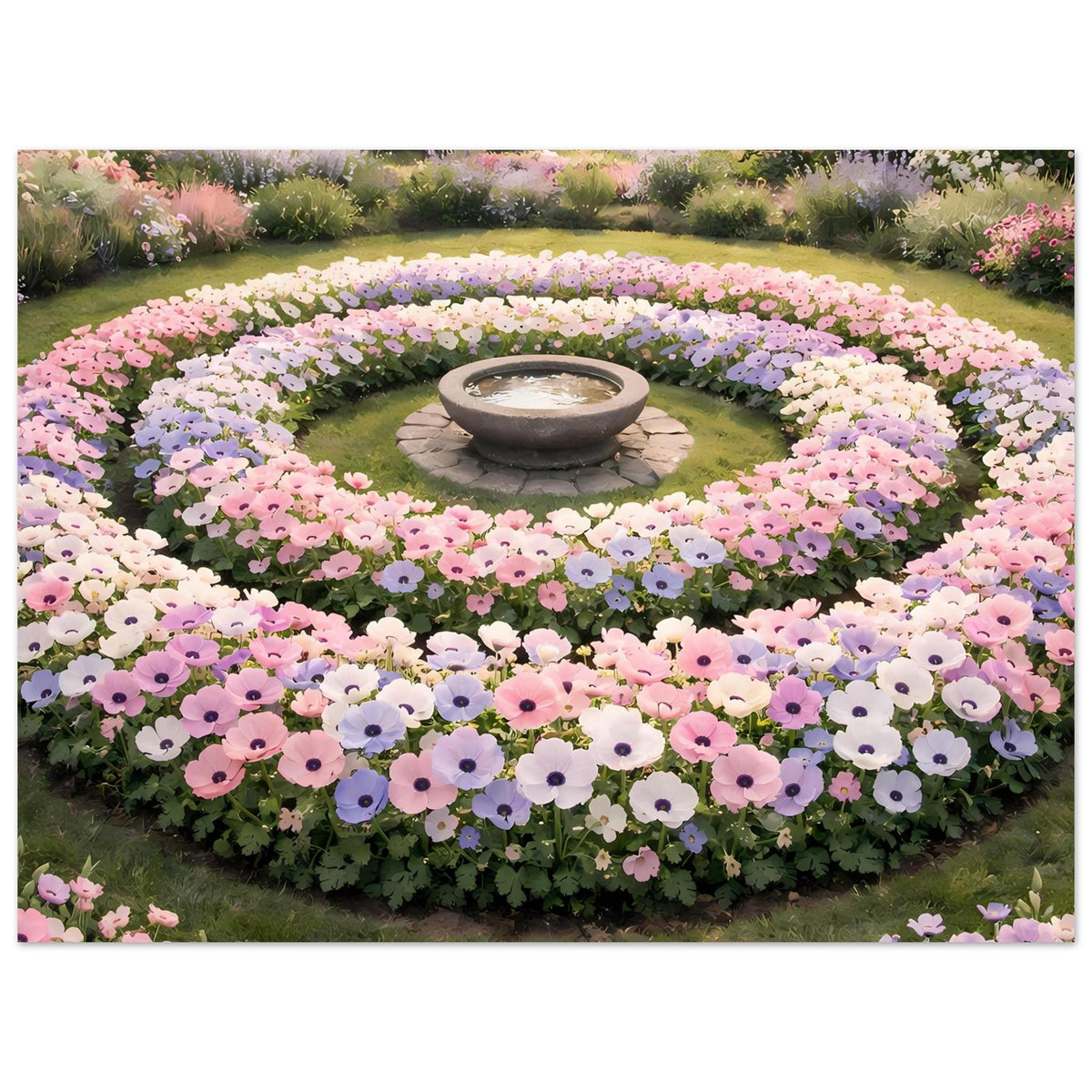 Horizontales Poster mit Rundblumenbeet, Steinschale in der Mitte, lila und pinke Blüten