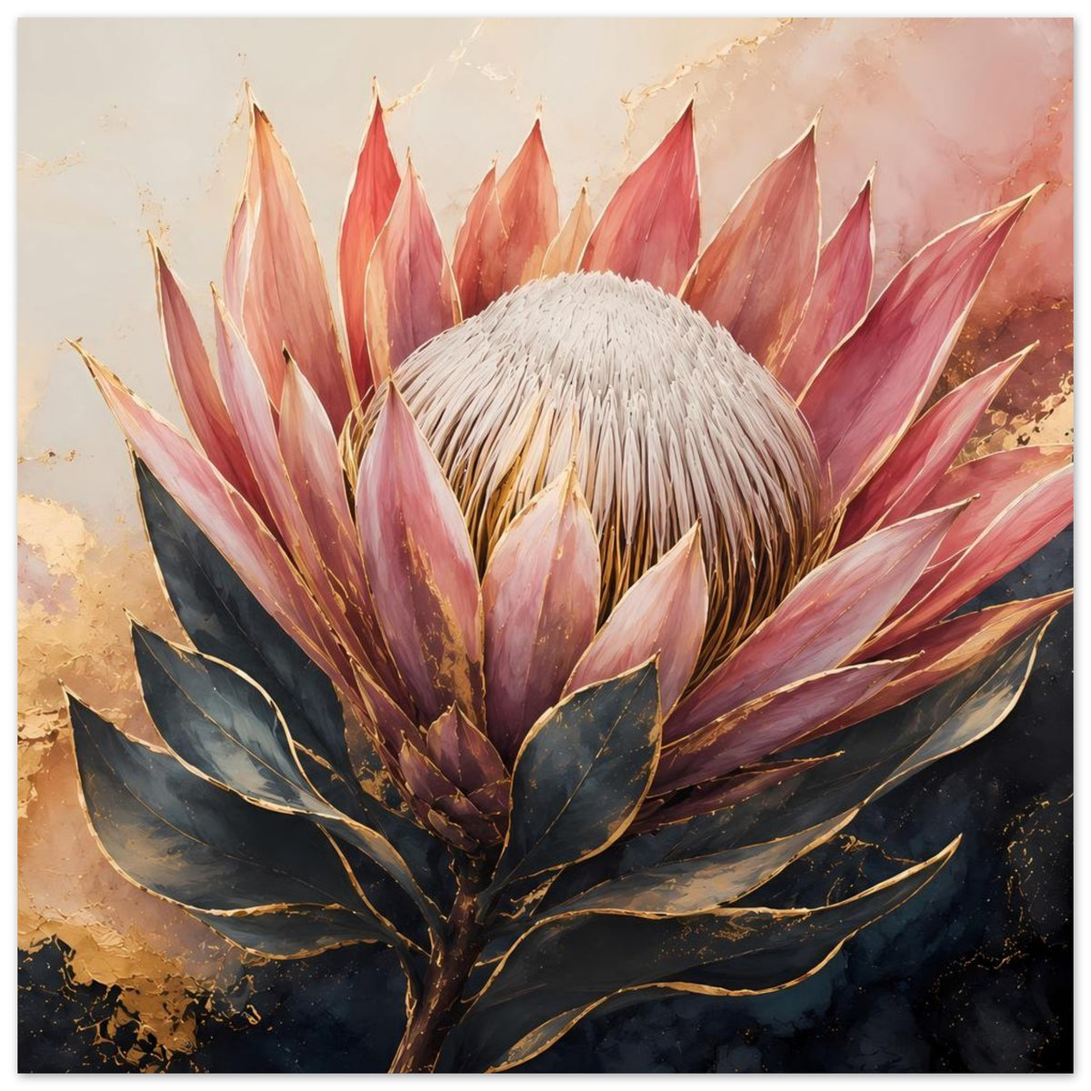 Botanisches Poster mit Königsprotea: Altrosa Blütenblätter, dunkle Blätter mit goldenen Linien
