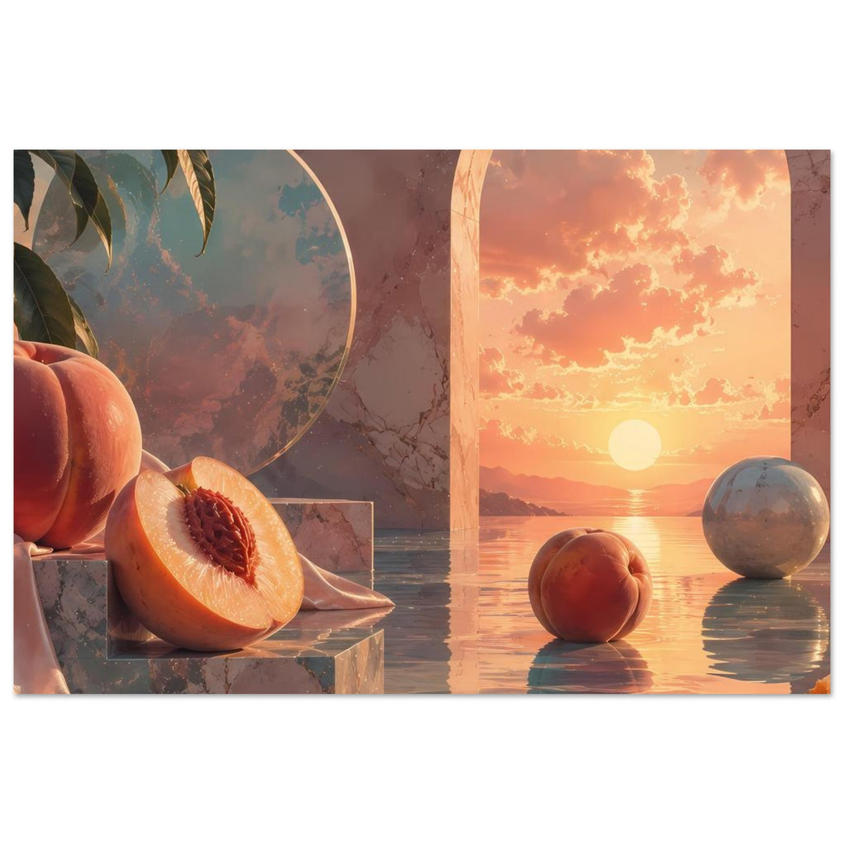 Wandposter im Querformat: Pfirsiche, Rundbogenfenster und Sonnenuntergang