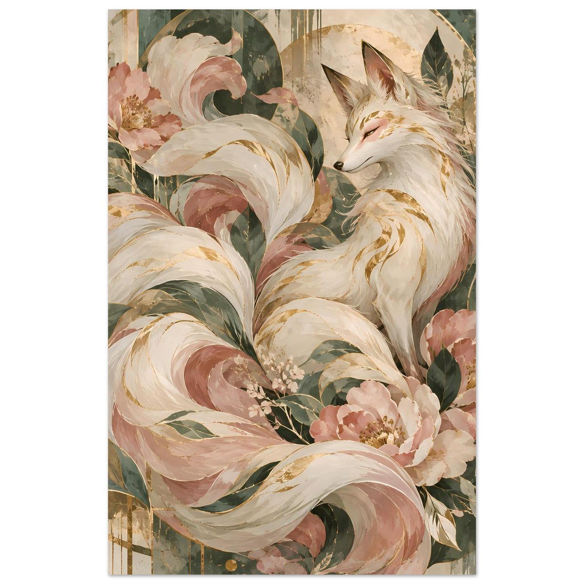 Vertikales Poster mit Fuchs und floralen Mustern in Rosé, Grün und Gold