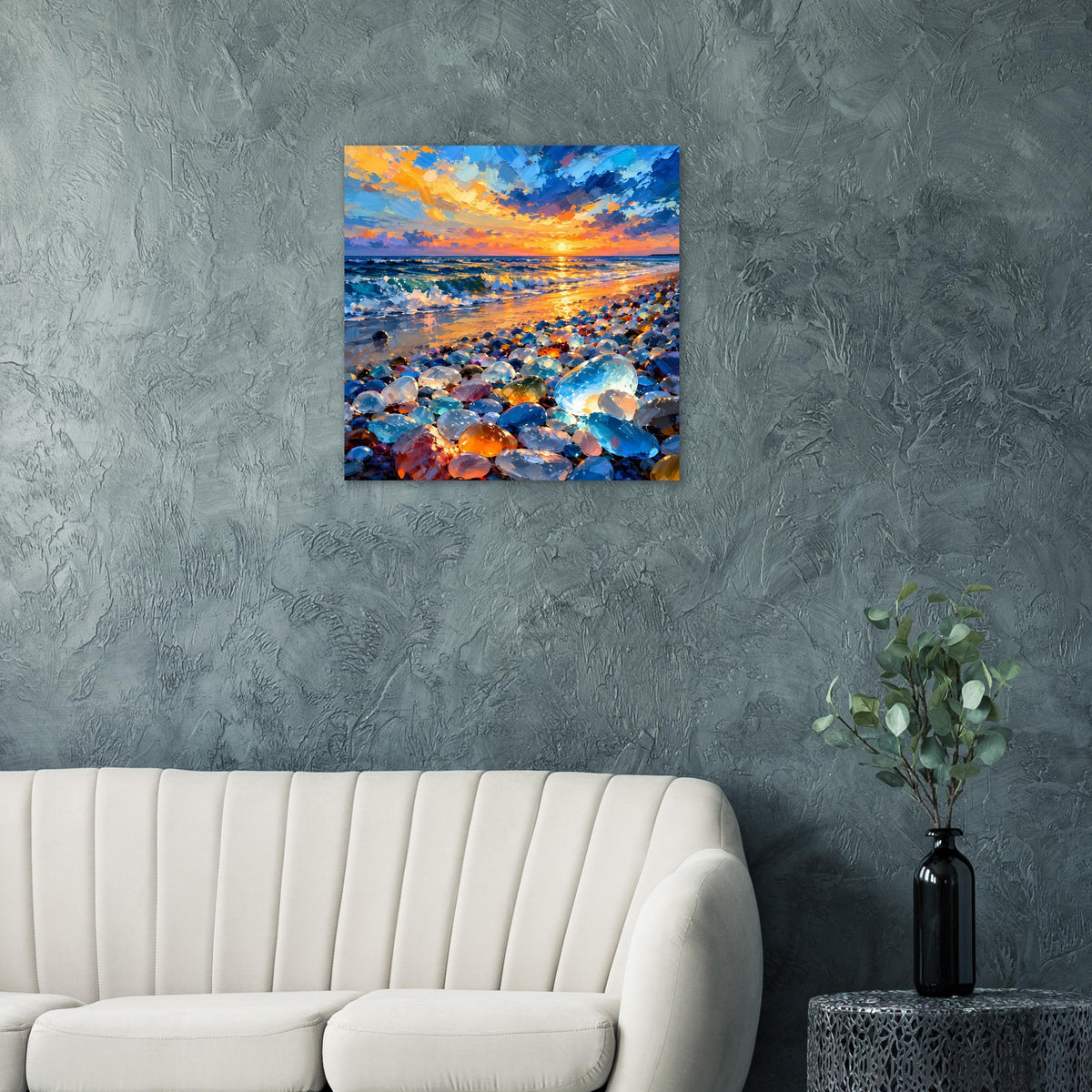 Quadratisches Poster mit Sonnenuntergang, spiegelnden Wasserflächen und bunten Steinen