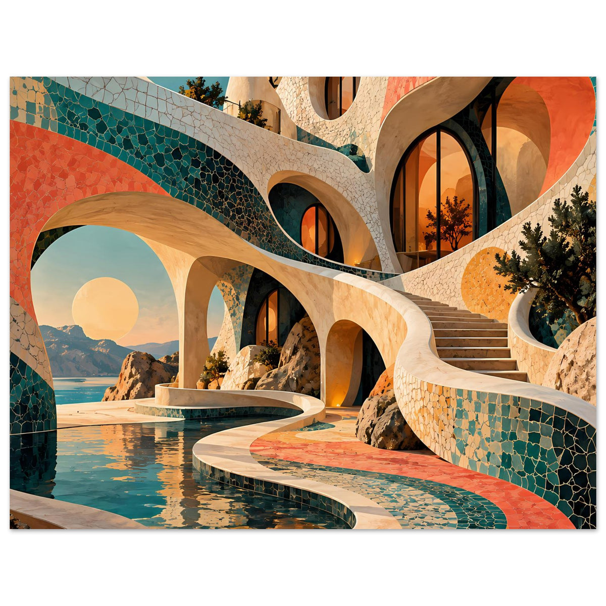 Kunstposter mit Mosaikfassade und Rundbögen in Türkis/Koralle, Wasserbecken