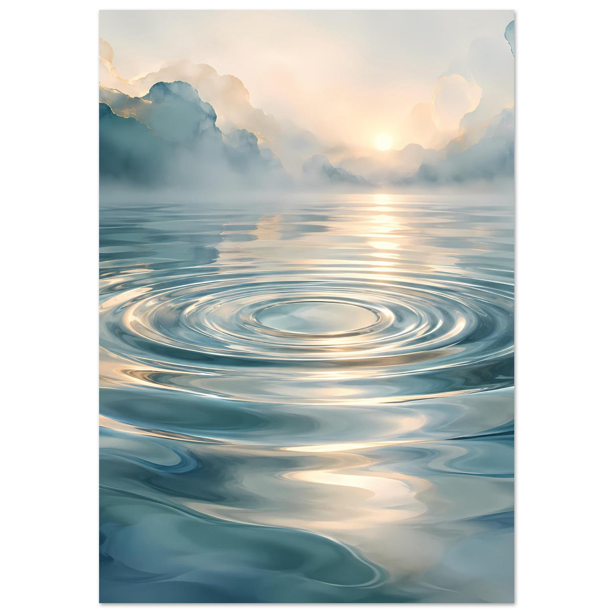Wasser-Poster mit kreisförmigen Ripples, blauer See und goldener Sonne durch Wolken