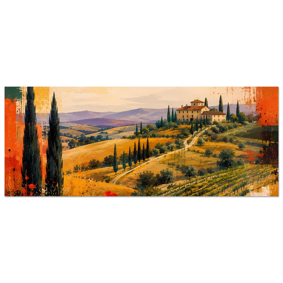 Abstraktes Panorama-Poster: Hügel, Zypressenallee, Villa und rote Mohnblumen im Farbauftrag