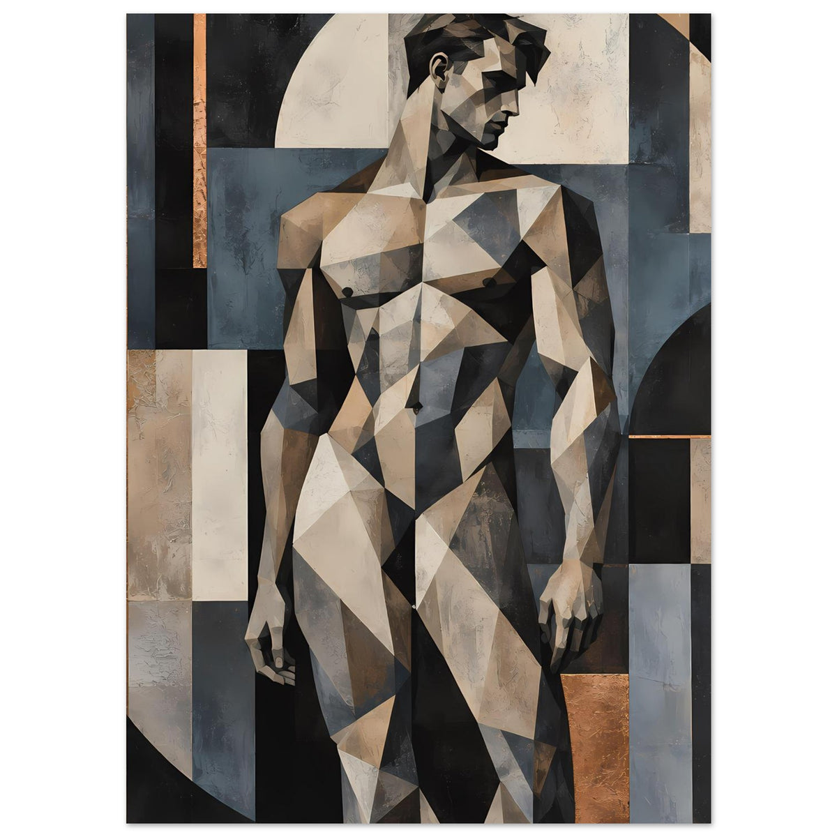 Kunstposter mit polygonaler Aktfigur, helle und dunkle Dreiecke, Blau-Grau und Braun