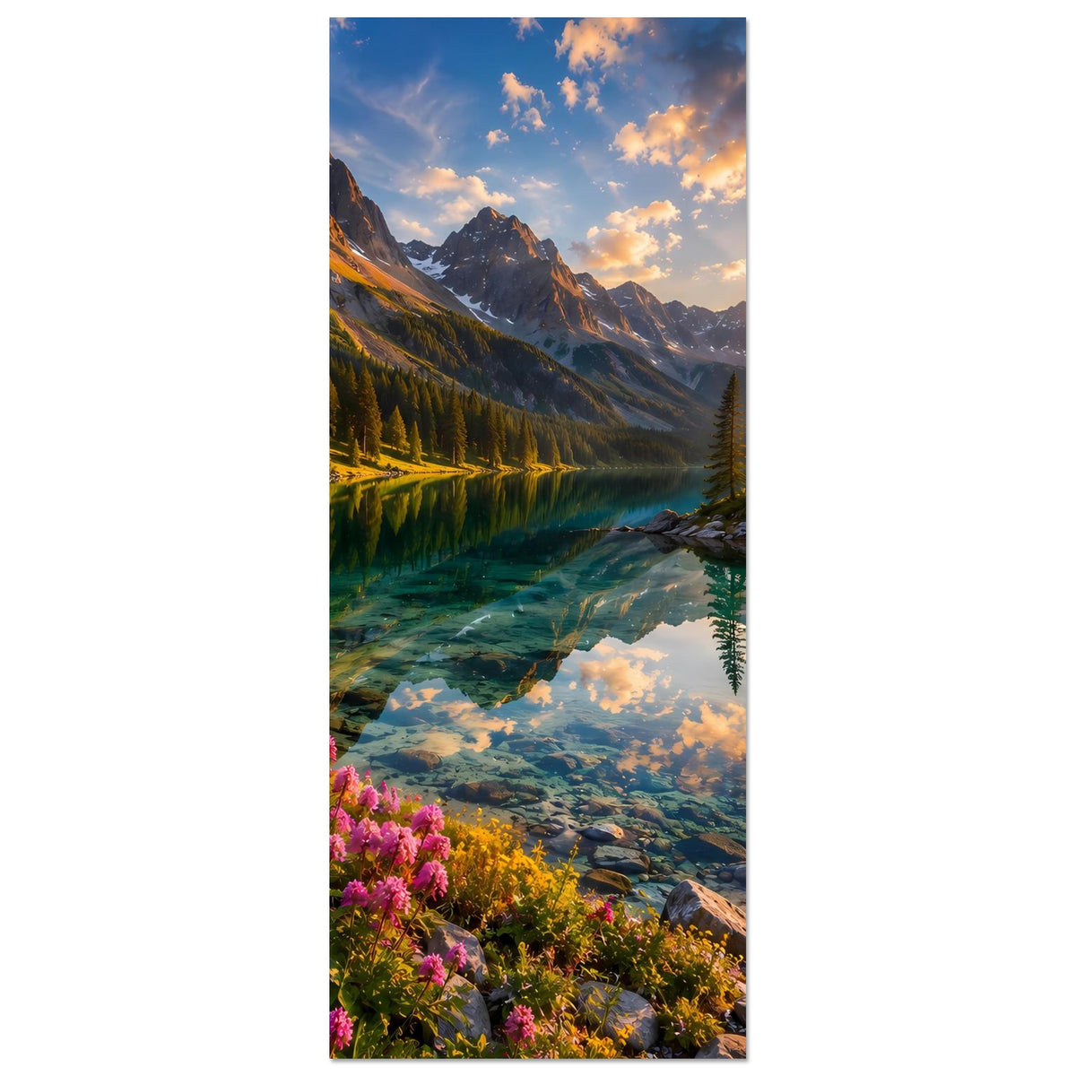 Vertikales Kunstdruckposter: Bergfluss mit Spiegelung, Fichten, Steinen und pinken Blüten
