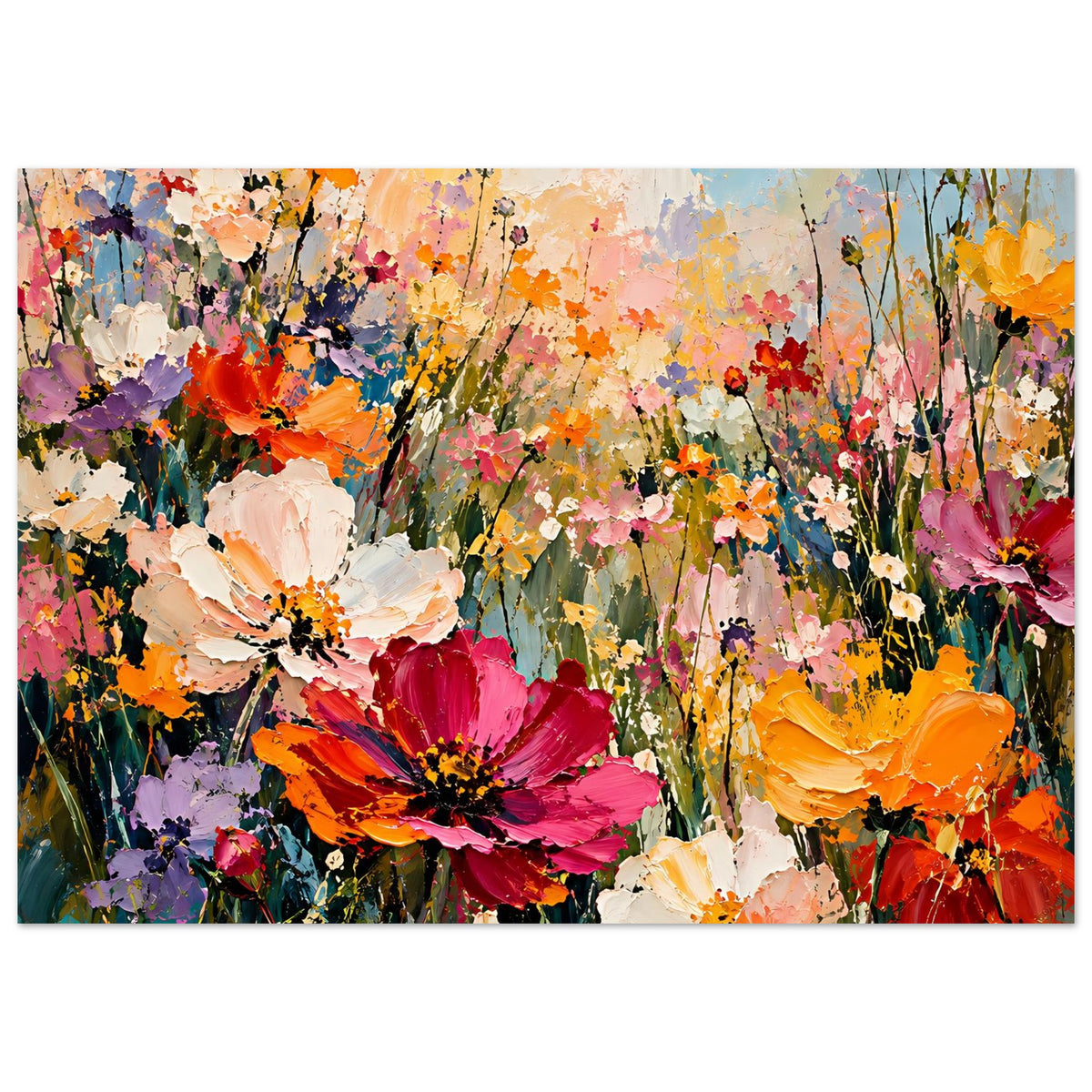 Blumenposter mit großen bunten Blüten im Vordergrund, Hintergrund voller Farbsprenkel