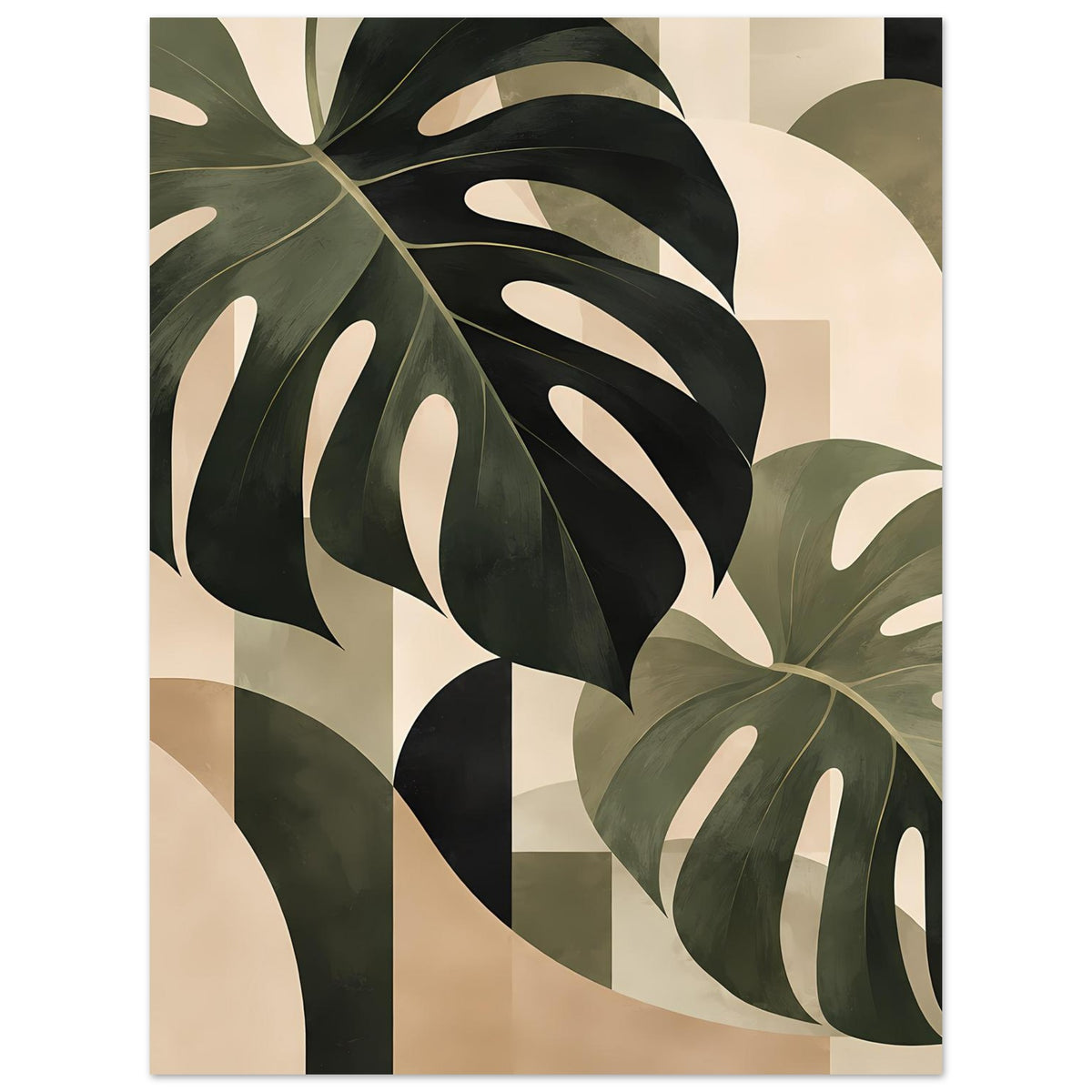 Botanik-Poster mit Monstera-Blättern in Salbeigrün und Beige, Fokus auf große Blattformen.