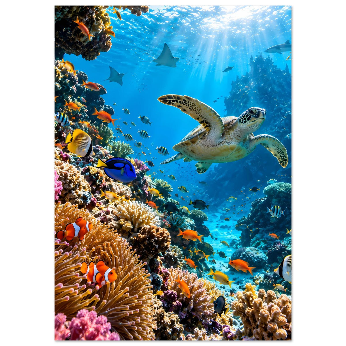 Meerposter im Hochformat: Schildkröte mittig, Korallen links, Fische im Blau