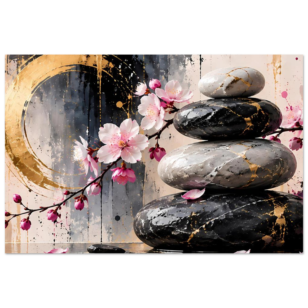 Zen-Poster: Kirschblüten, drei Steine mit Marmoroptik und goldene Akzente im Hintergrund