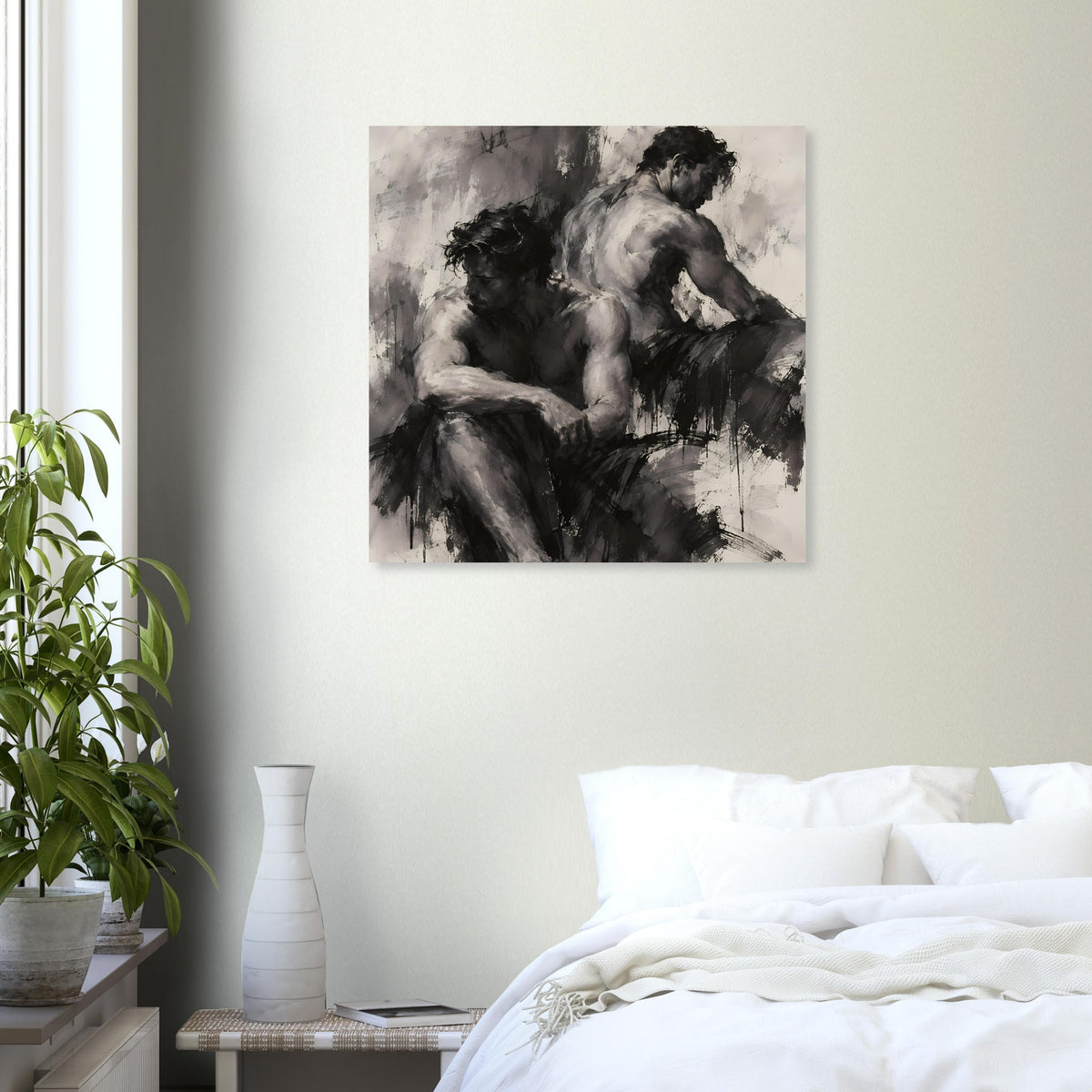 Monochromes Kunstposter mit abstrakter Schwarz-Weiß-Figurengruppe in weichen Grautönen
