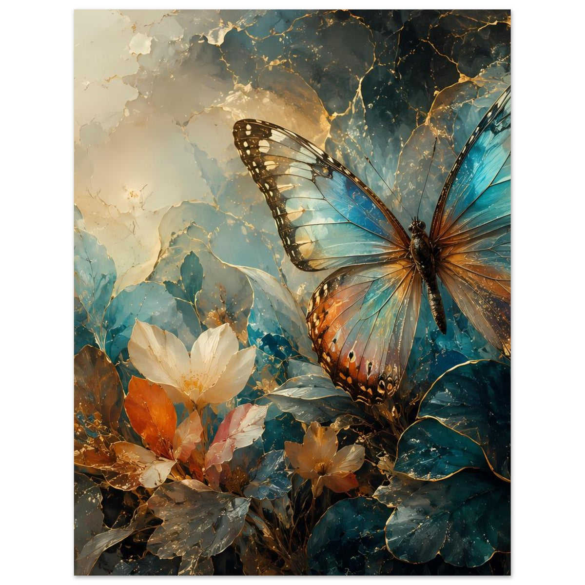 Hochformat-Poster: Schmetterling in Türkis und Braun, umrahmt von Blüten und Blättern