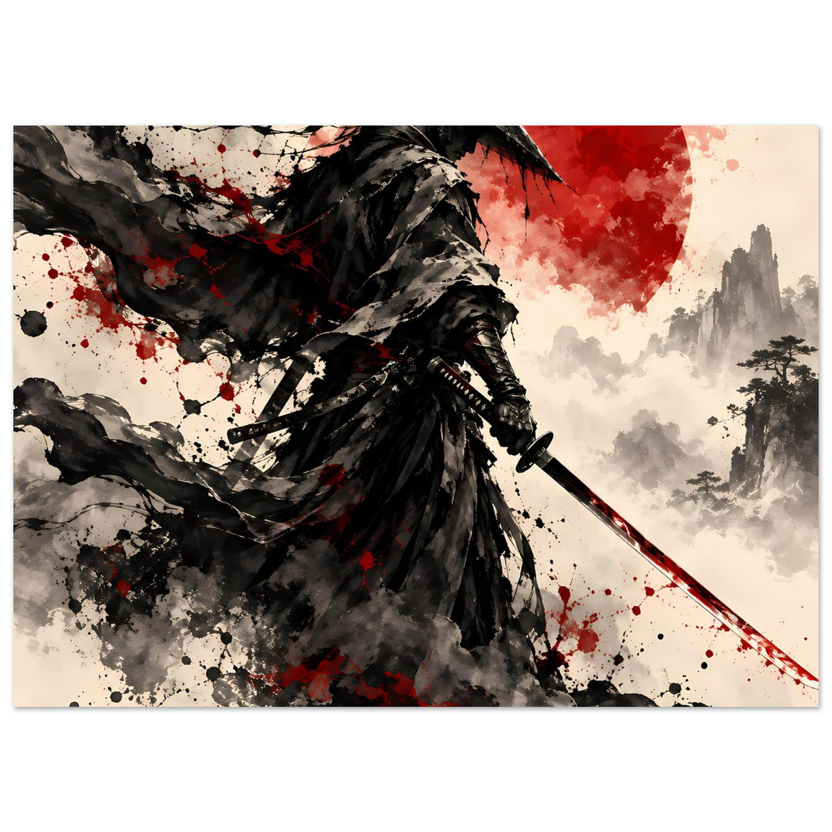 Kunstdruck: Samurai-Krieger mit Katana, schwarzer Umhang, rote Sonnenscheibe, Farbkleckse
