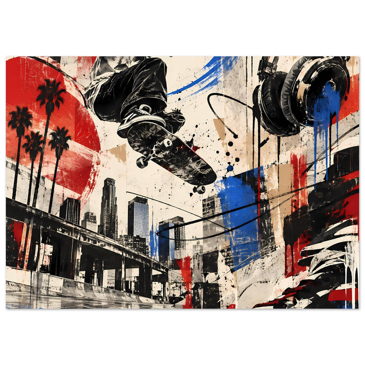 Urban-Skateboard-Vibes-Poster, Skateboarder-Silhouette in Schwarz, Graffiti-Wand mit Blau und Rot, quer