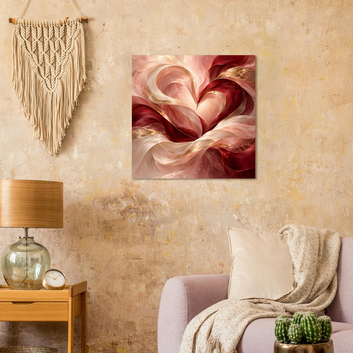 Poster mit abstraktem Herz in Rosé und Rot mit Goldakzenten