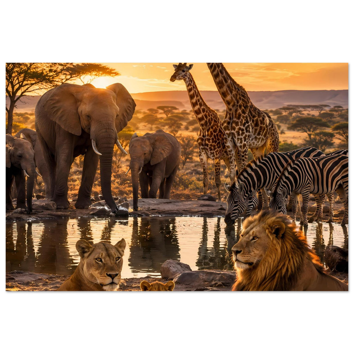Poster mit Giraffen und Elefanten an der Wasserstelle, Löwe und Löwin vorn