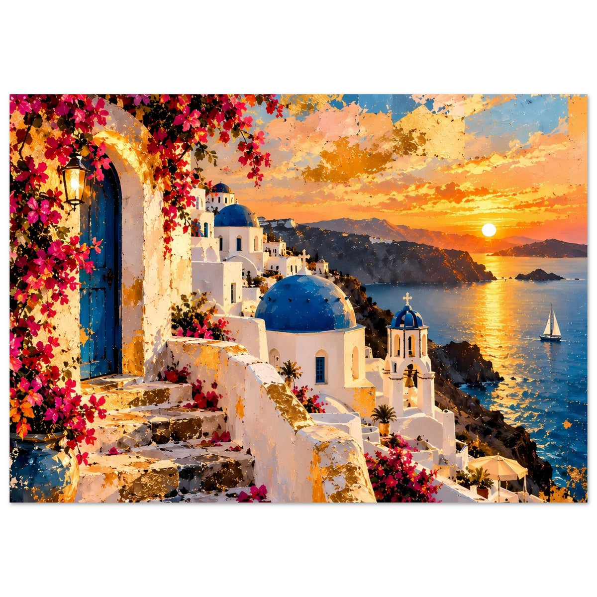Poster im Querformat mit Santorini: weiße Architektur, blaue Kuppel und orangefarbenes Abendlicht