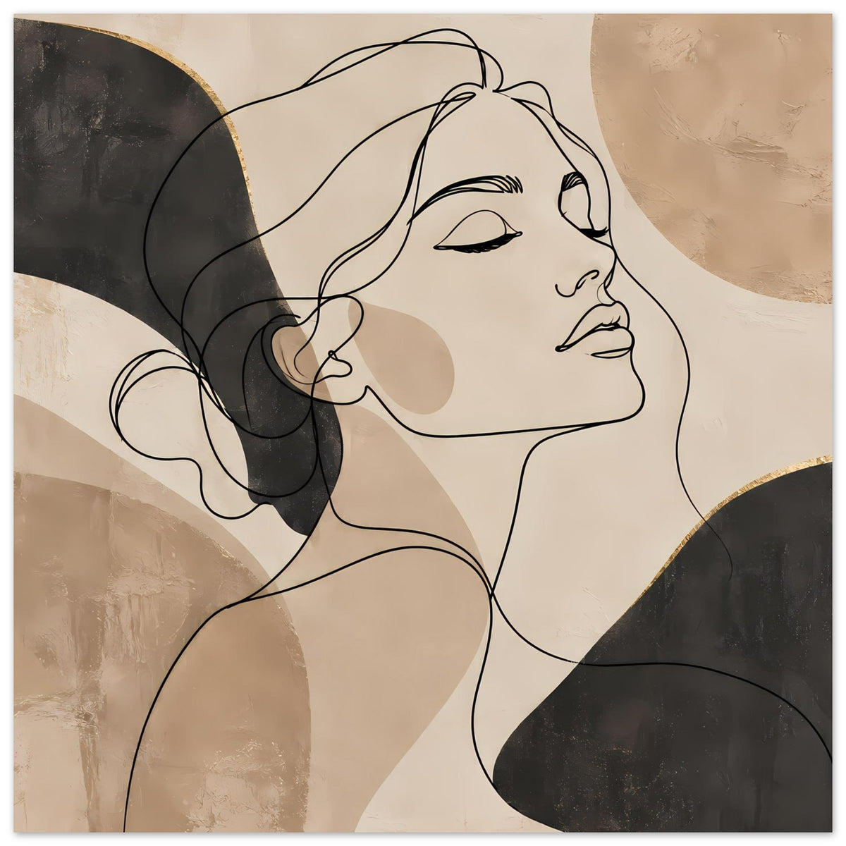Kunstposter: Line-Art-Frauenprofil mit geschwungenen Linien in Beige und Schwarz