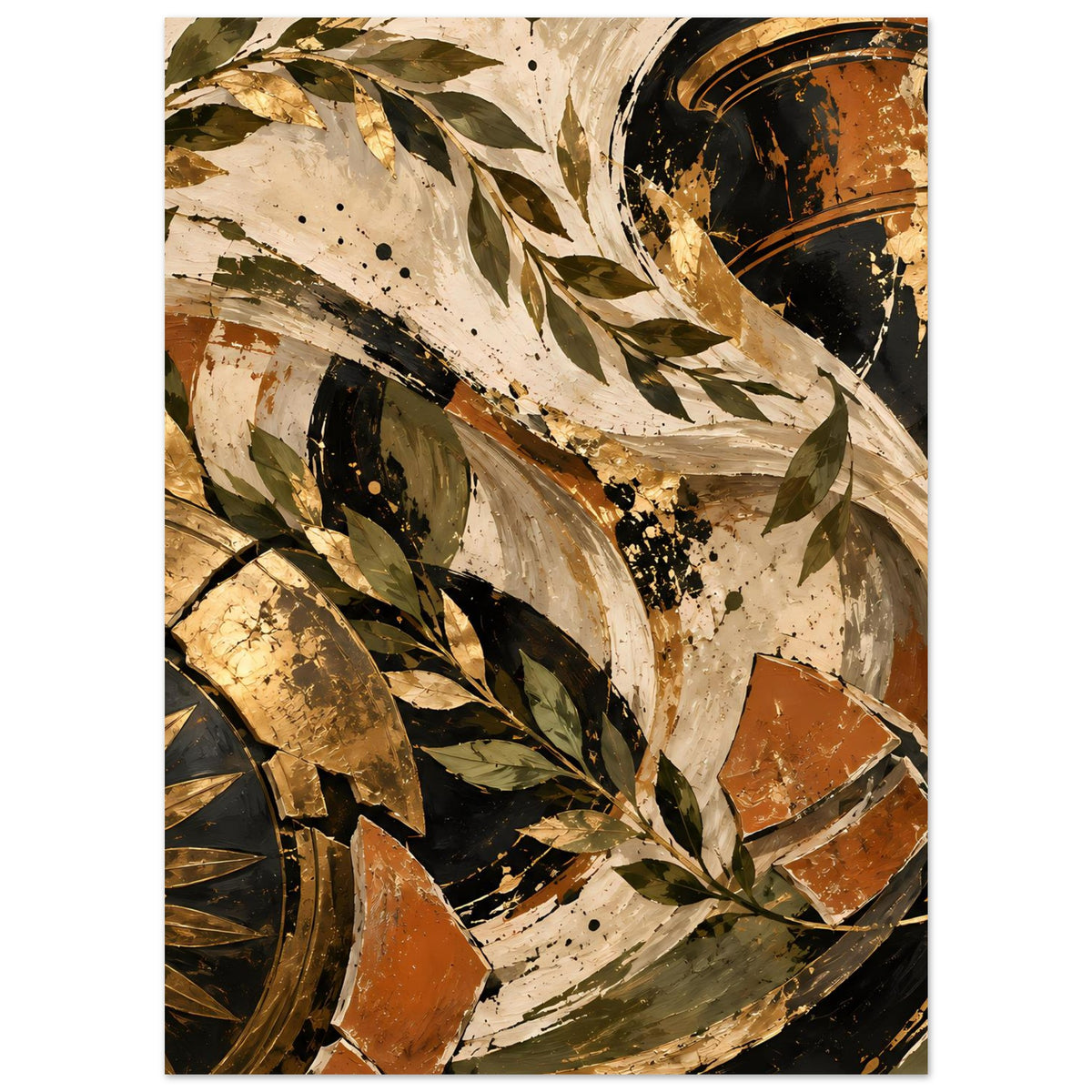 Vintage-Poster im Hochformat mit abstrakten Blättern, Kreisen und Spritzmustern in Gold-Braun