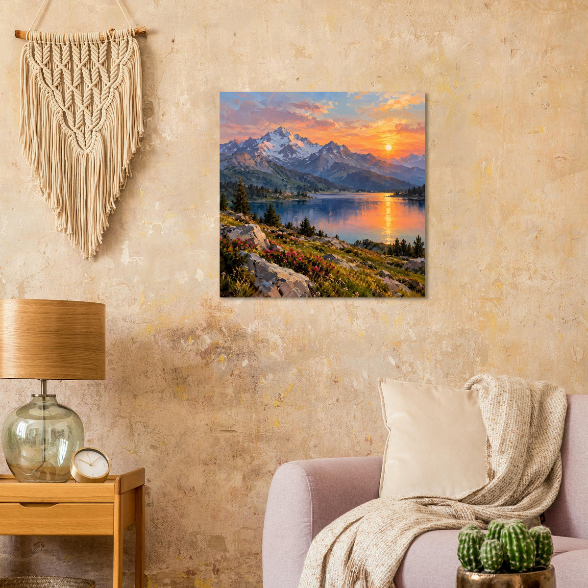 Quadratisches Poster mit Alpenlandschaft, Bergsee bei Sonnenuntergang
