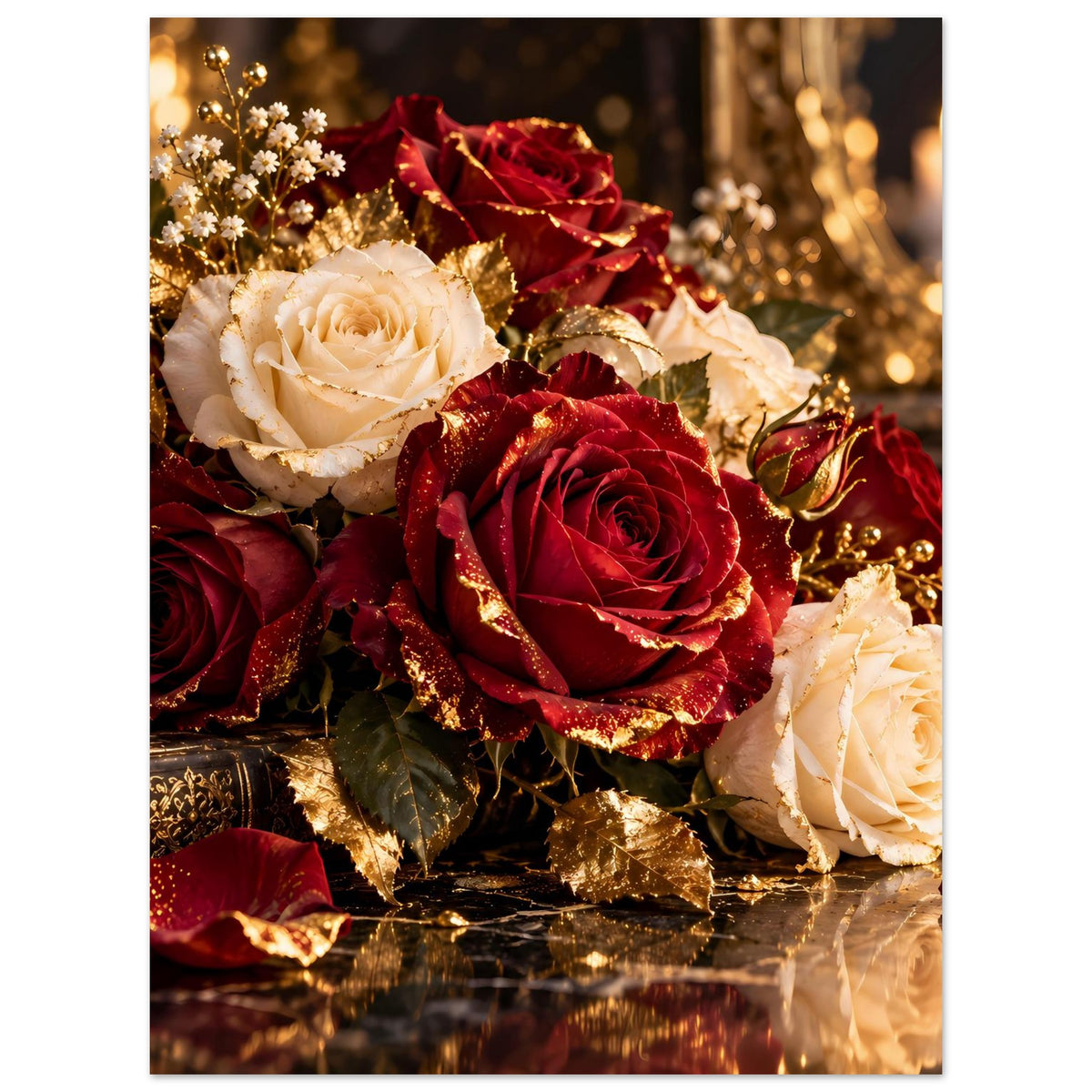 Poster mit Rosenstrauß: cremeweiße und bordeauxrote Rosen mit goldenen Verzierungen und Blüten.
