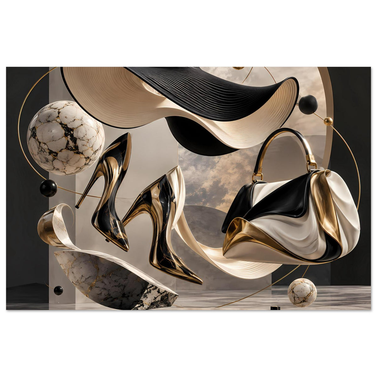 Abstraktes Modekunst-Poster: schwarze und goldene Schuhe, Handtasche, marmorierte Elemente