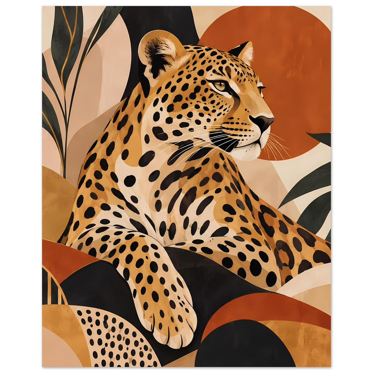 Leopard-Tierposter im Hochformat: Leopard im Profil, gesprenkeltes Fell und Pfote