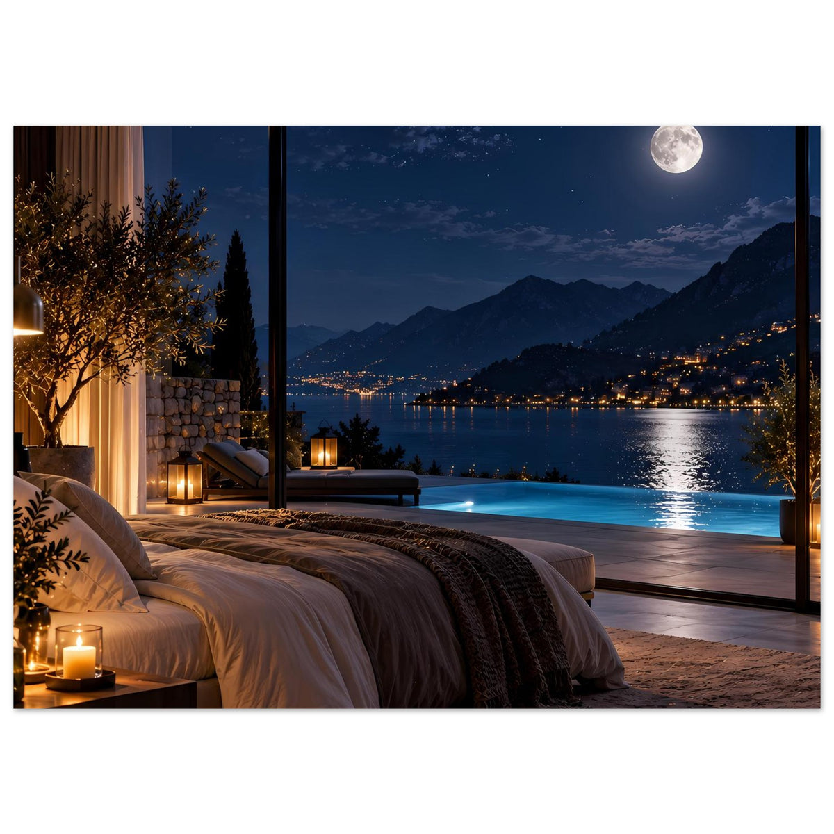 Horizontales Poster mit Schlafzimmernacht: Bett, große Fensterfront, Mond und beleuchteter See