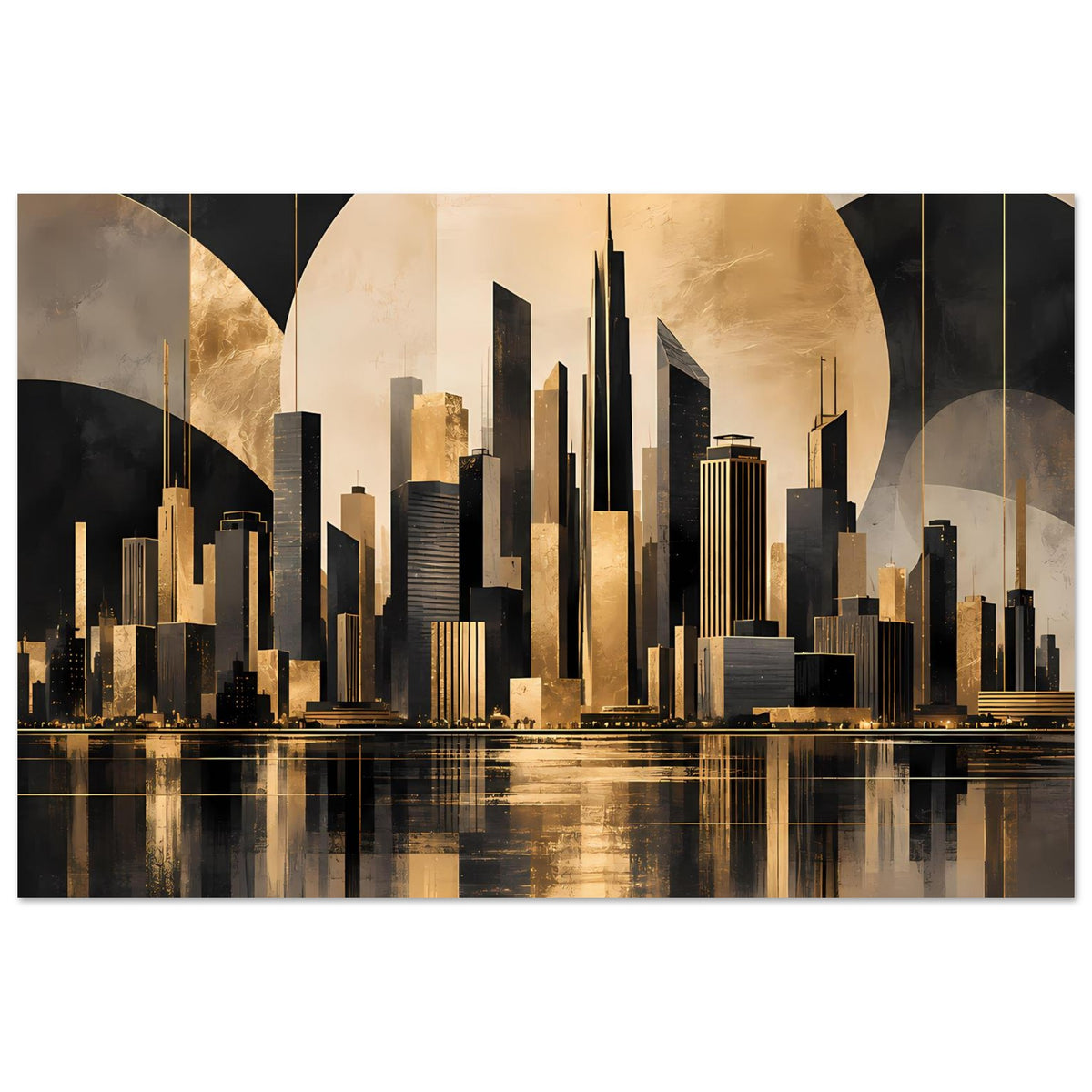 Horizontales Stadtposter mit goldenen Hochhäusern, Silhouetten und Spiegelung