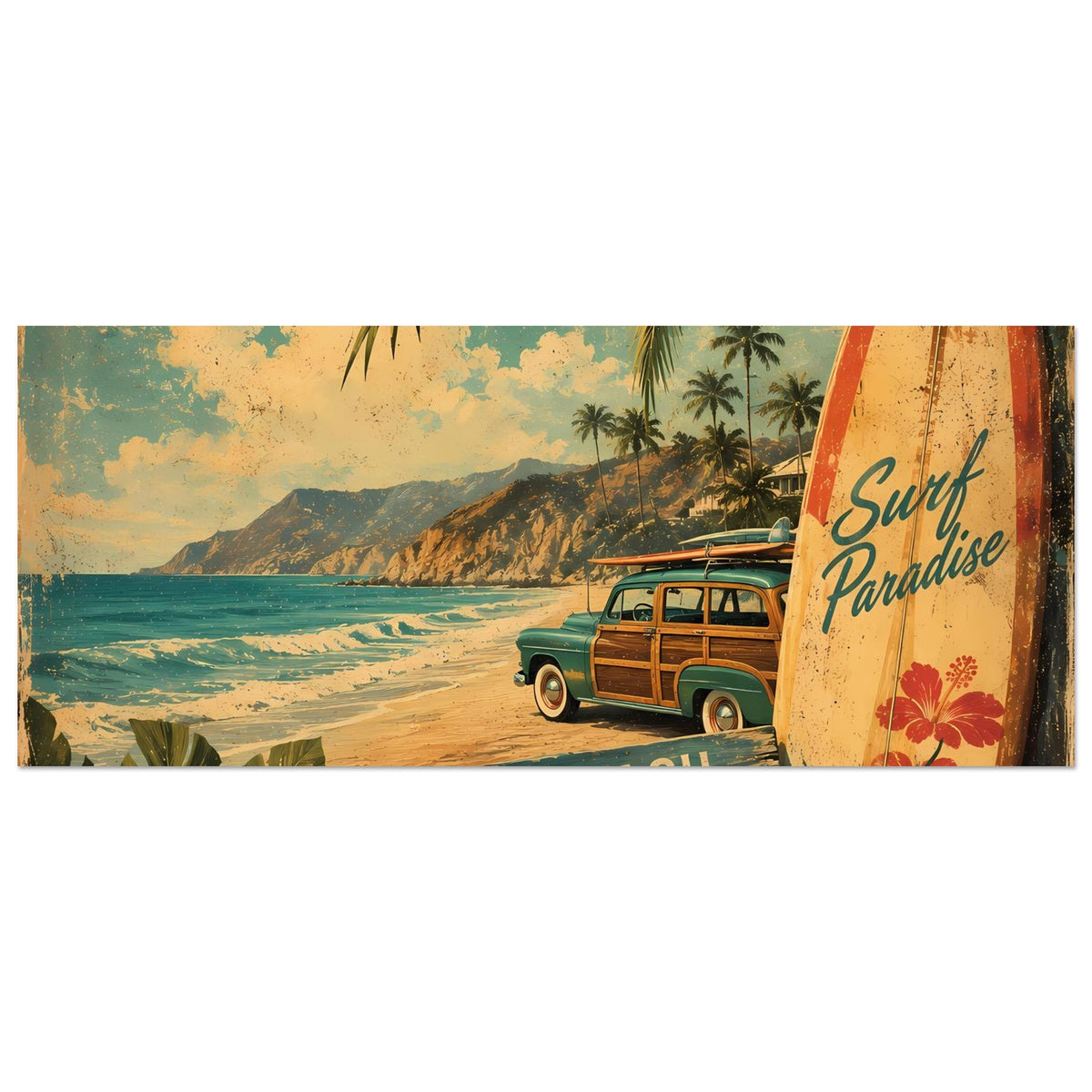 Breites Vintage-Poster mit Surfbord, Strandlinie, Palmen und Van, „BEACH“-Schild sichtbar