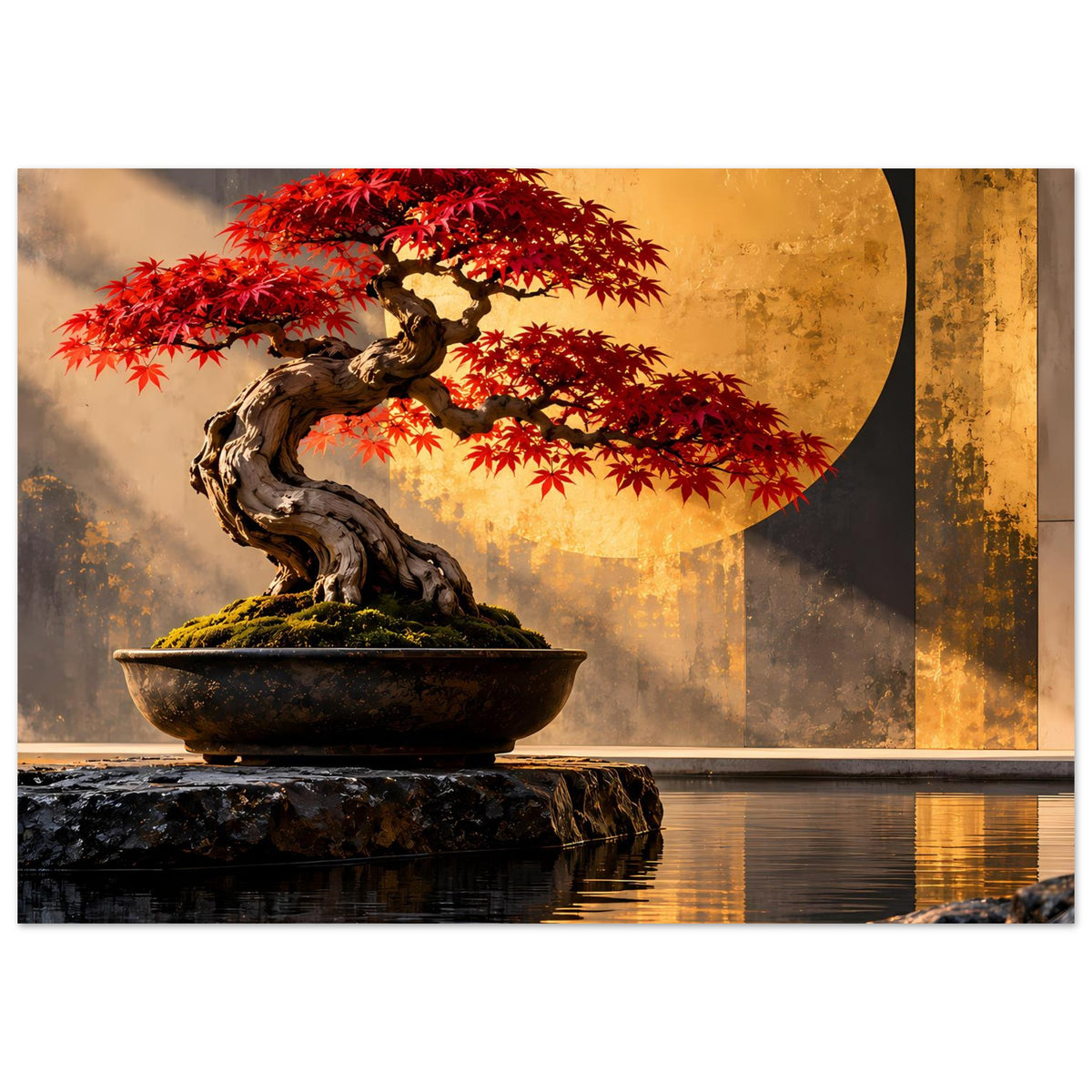 Bonsai-Poster mit rotem Ahorn über Stein-Schale, goldenes Motiv im Hintergrund