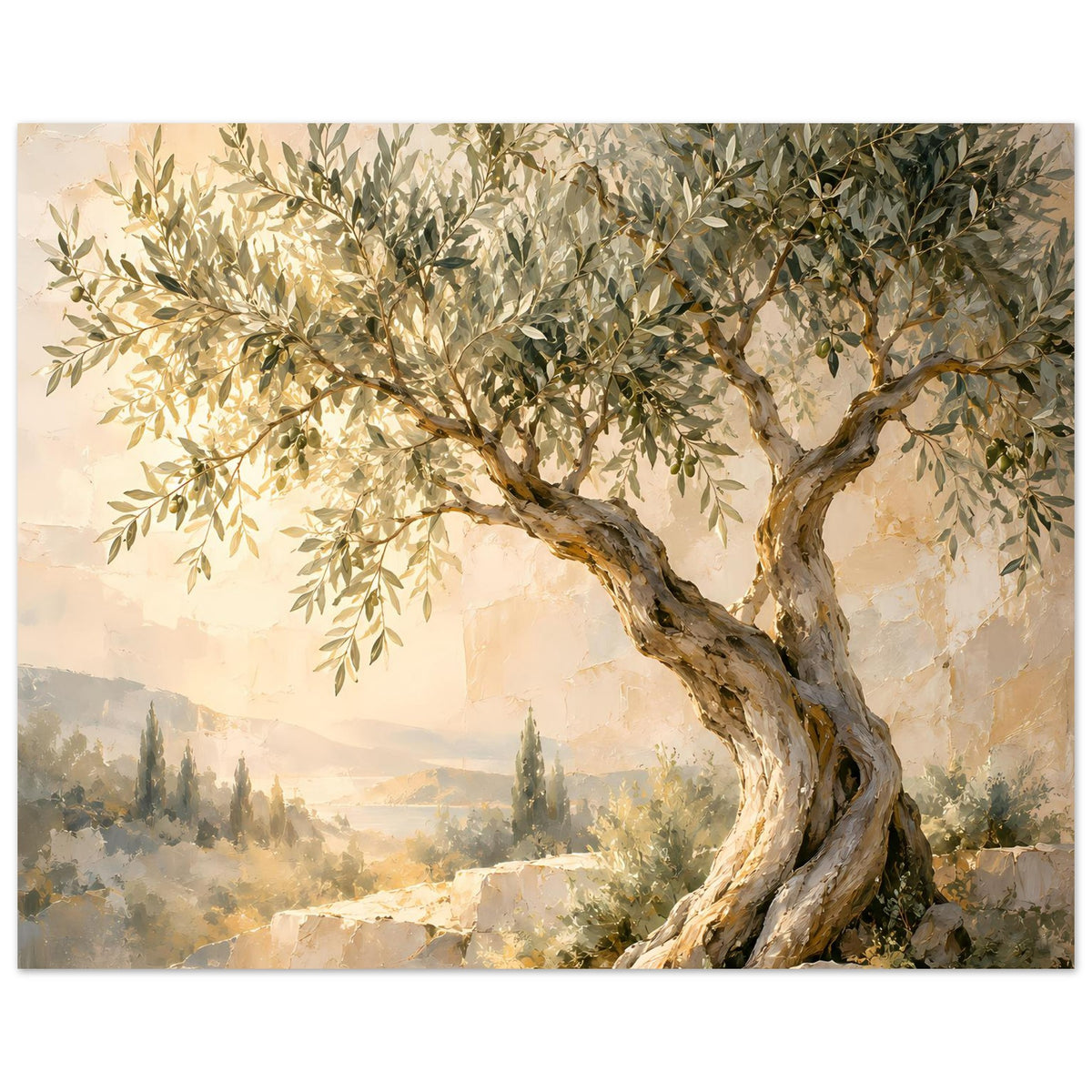 Landschaftsposter mit Olivenbaum und buschigen Zweigen, gedämpfte Farben in Creme, Oliv und Gold